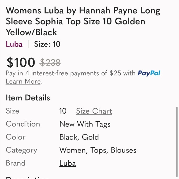 Luba by Hannah Payne Sophia top size 10 long sleeve new with tags - Picture 15 of 16